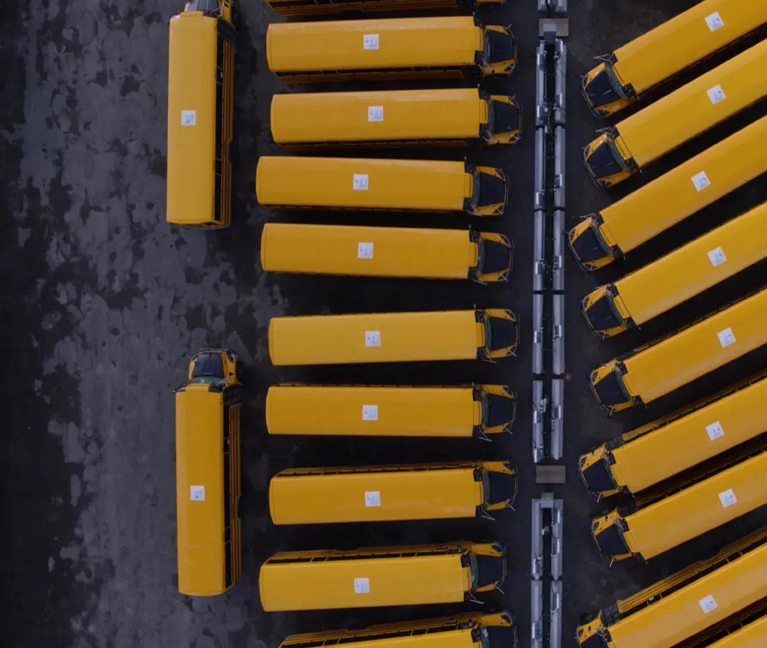 Aerial view of rows of yellow school buses