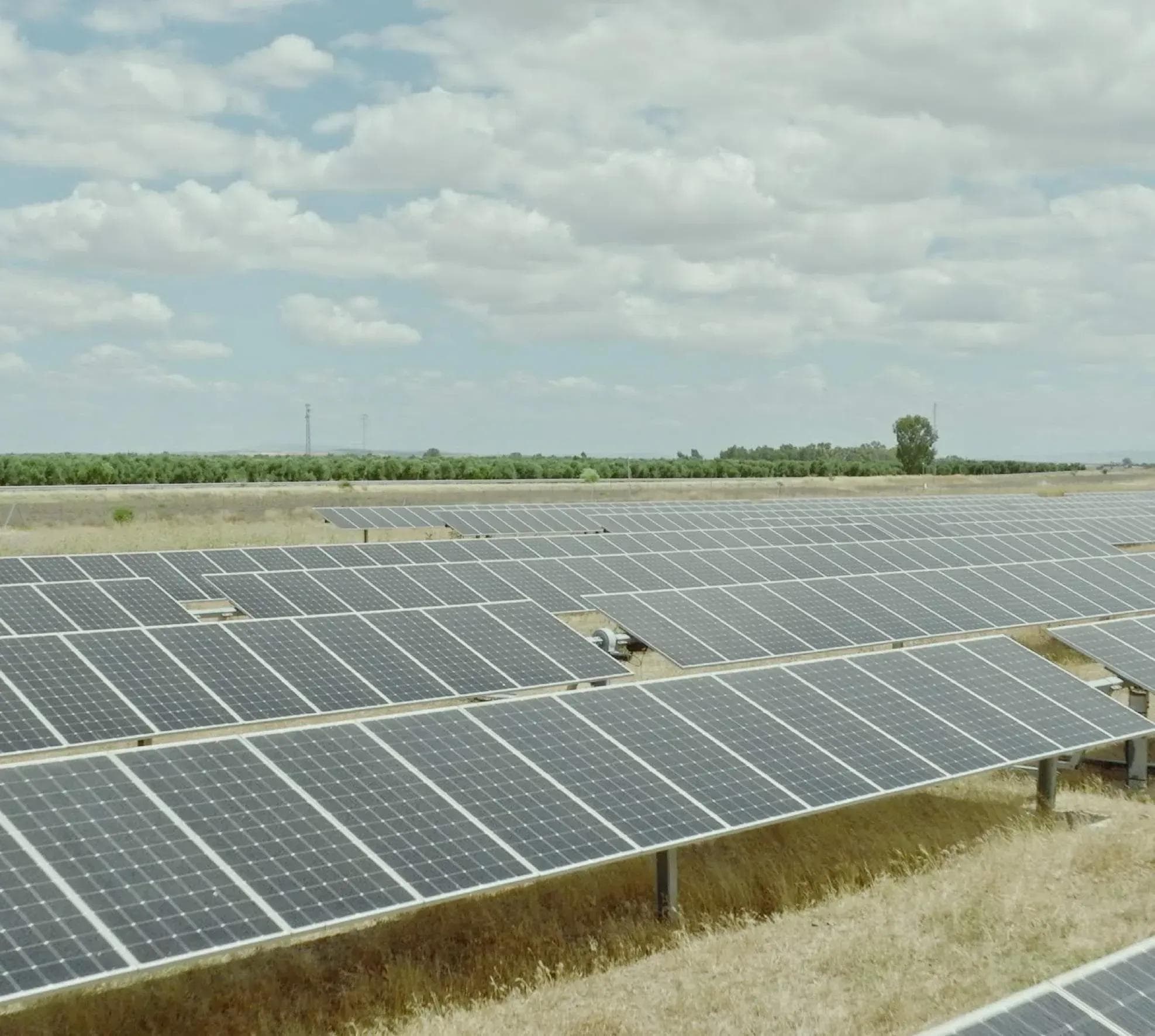 Rows of solar panels under a cloudy sky
