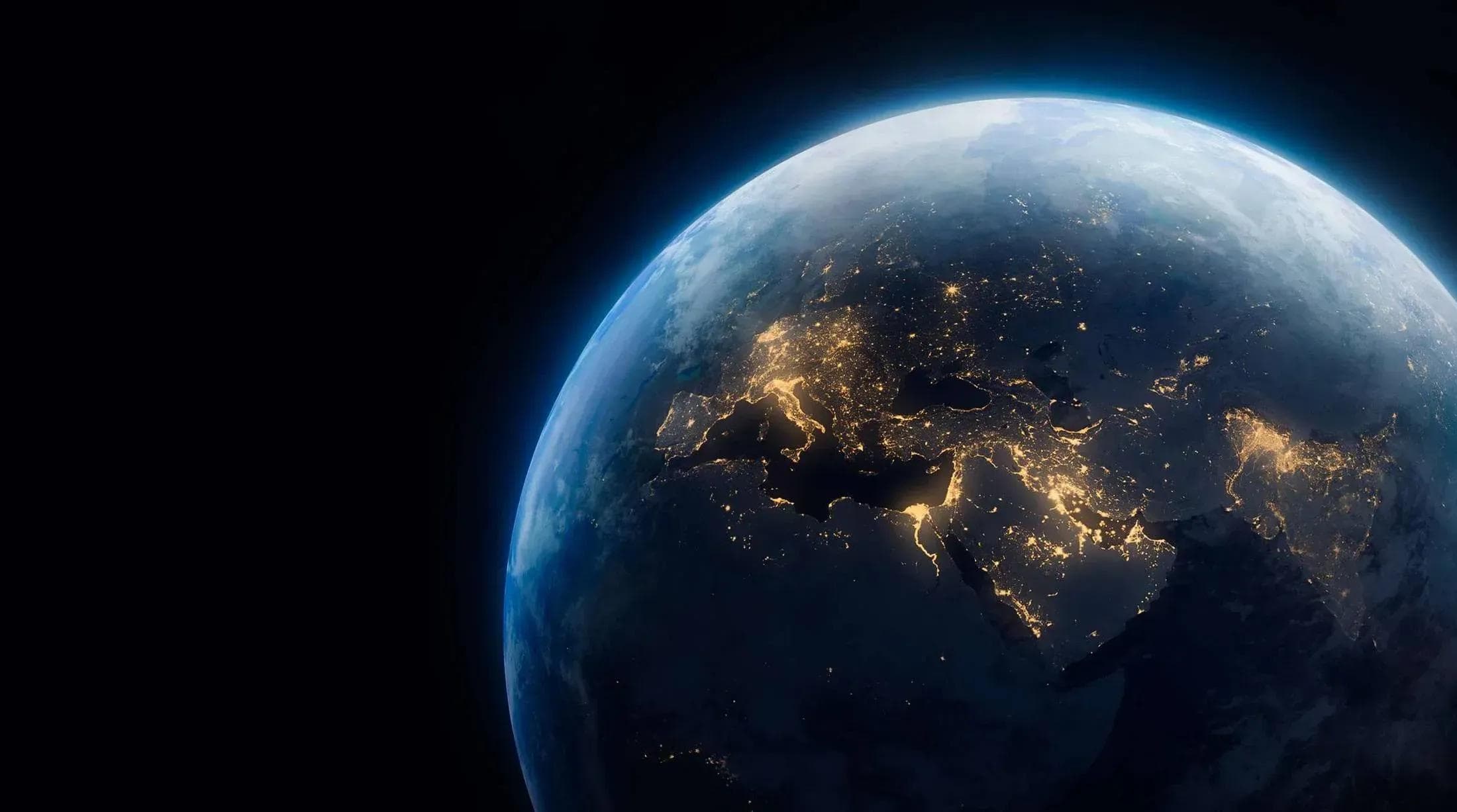 Earth at night, city lights across Europe, Africa and Asia
